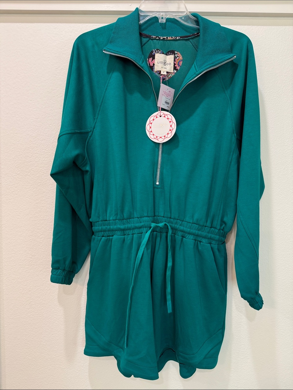 Umgee Teal Half-Zip Drawstring Waist Romper